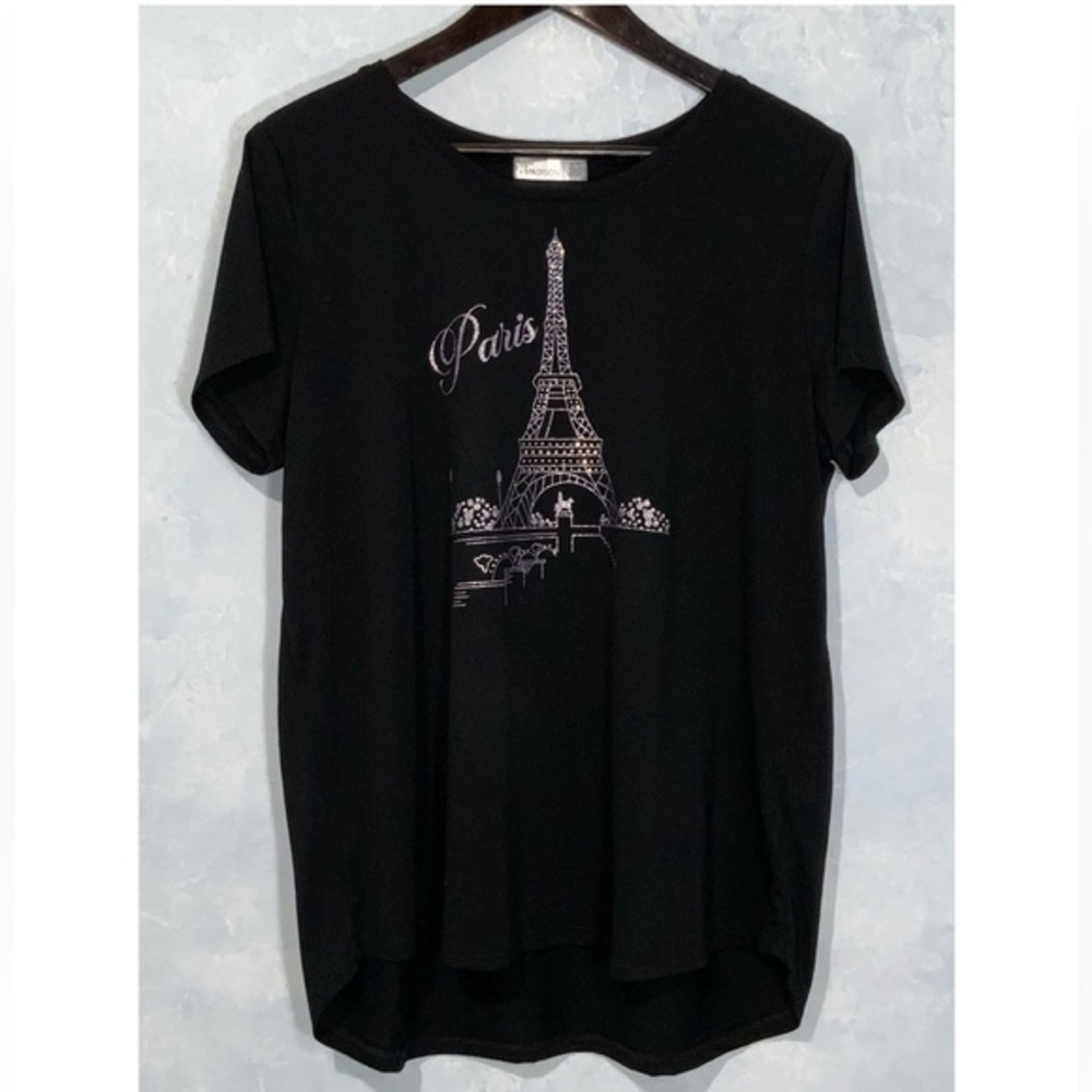 89th & Madison Black Short Sleeve Paris Glitter & Rhinestone T-Shirt XL